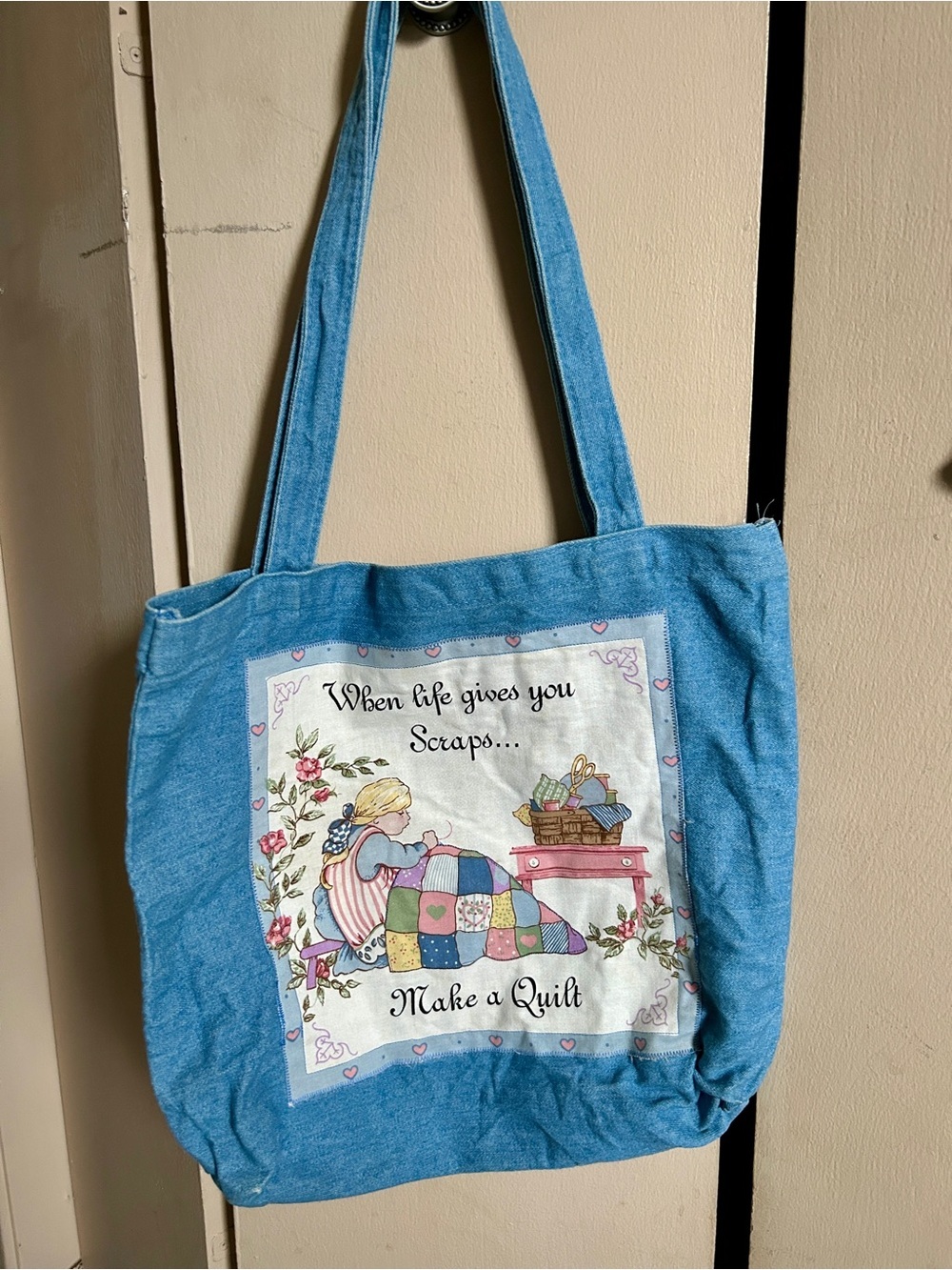 Handmade Denim Canvas Tote Bag With Cottage Core Grandma Core Cat Quilt Print - Picture 3 of 4